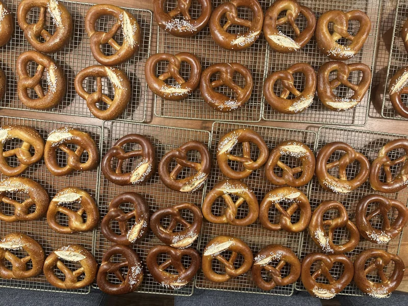 Boxes of handmade German soft pretzels (Brezels) ready for an event in Waimakariri